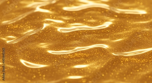 Close-up view of a reflective golden liquid surface with glittering particles and smooth wave reflections. Perfect for backgrounds, luxury themes, and artistic designs.