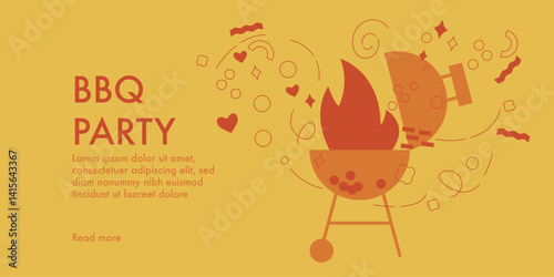 Abstract flat vector illustration with grill barbecue, smoke and doodle elements. Barbecue summer poster. BBQ time. Barbecue party invitation for outdoor picnic. Template background for menu, poster