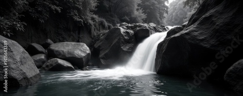 Monochrome waterfall cascading down dark rocks , water, waterfall