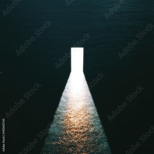 Aerial view of parted ocean waves forming golden corridor of light, dramatic symmetry, photorealistic