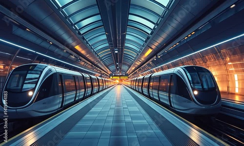 Futuristic train station with sleek trains, illuminated platform, and modern architecture