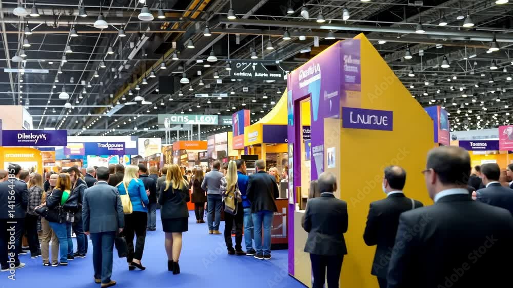 Exhibition Buzz: A crowded exhibition hall bustling with activity, showcasing vibrant displays and diverse visitors, capturing the energy and innovation of a global event.