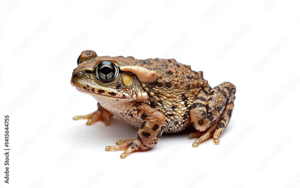 Toad on white background, studio shot. Brown amphibian with dark markings, viewed from the side. Detailed texture visible Toad on white background, studio shot. Brown amphibian with dark markings, viewed from the side. Detailed texture visible