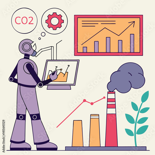 Robot Analyzing CO2 Emissions and Industrial Data – Flat Vector Illustration , Ai vector illustration , ui ux elements , most sell vector

