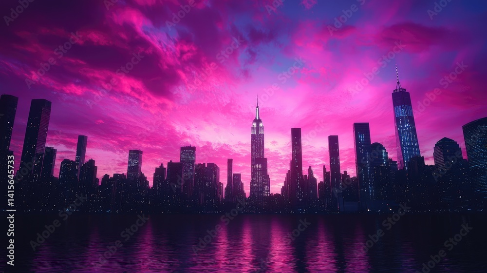 Fototapeta premium Cityscape at vibrant sunset. Silhouette of skyscrapers reflected on water, under a vivid pink sky