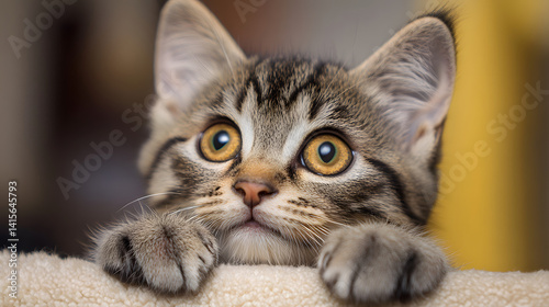 A playful kitten with vivid golden eyes, looking curiously around, with a sense of wonder in its gaze.