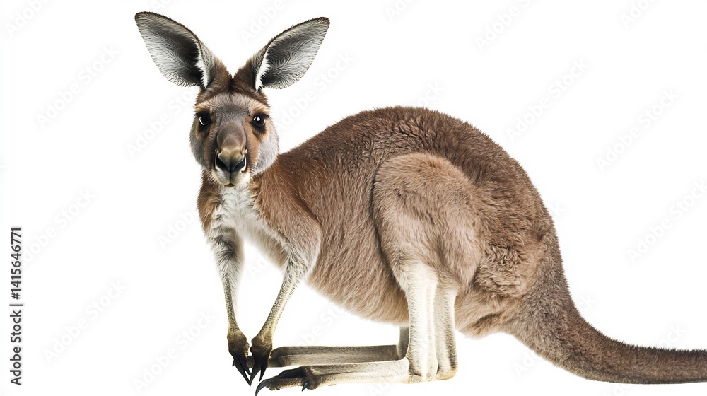 Male kangaroo isolated on a white background with a playful expression highlighting its unique features Male kangaroo isolated on a white background with a playful expression highlighting its unique features