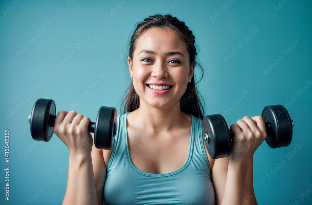 Young woman smiling while exercising with dumbbells in a fitness studio during daytime