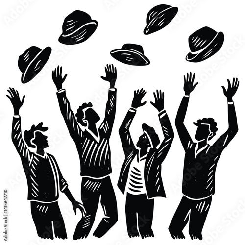 Joyful Men Tossing Hats in Celebration Graphic