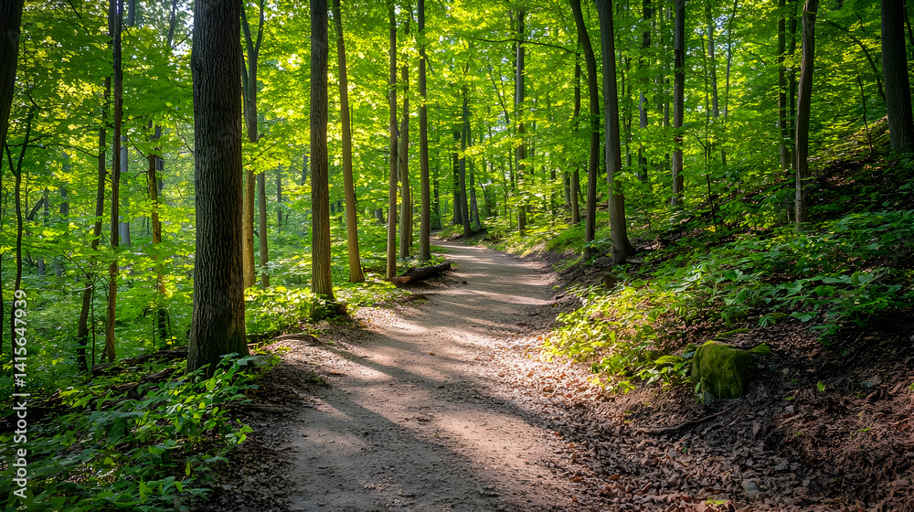 Obraz premium Sunlit Forest Path Through Lush Trees