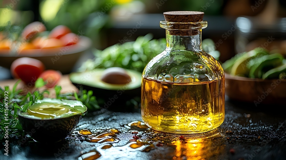 A modern kitchen scene with an avocado oil bottle and fresh salad ingredients