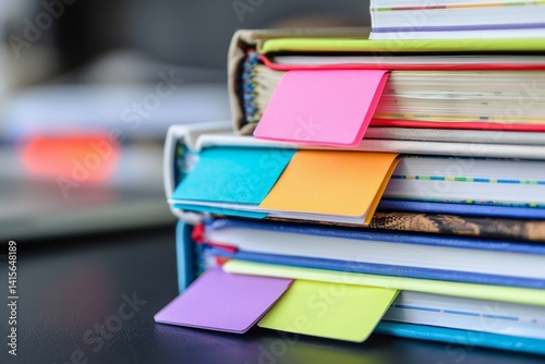 A close-up of a stack of colorful textbooks with bright bookmarks sticking out, A stack of textbooks with colorful bookmarks sticking out photo