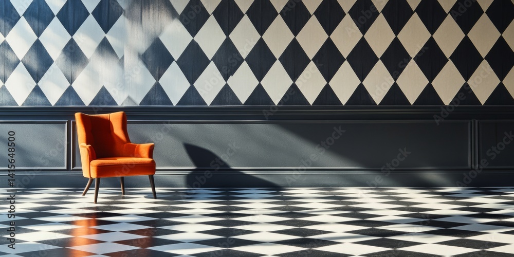 A stylish interior scene showcasing a bold orange chair against a classic black and white diamond pattern wall. The floor features a checkerboard design.