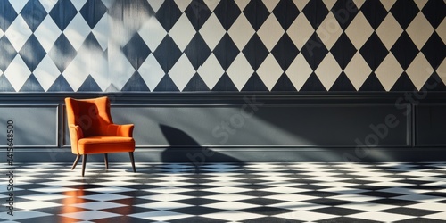 Obraz na płótnie A stylish interior scene showcasing a bold orange chair against a classic black and white diamond pattern wall. The floor features a checkerboard design. w salonie