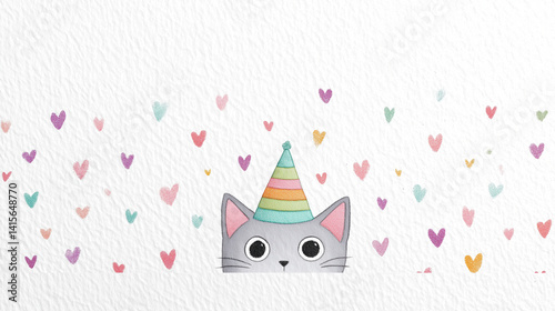 Adorable cat celebrates birthday with party hat and peeking out on a white background.