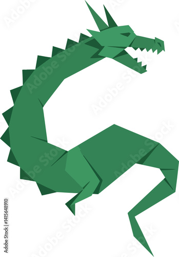Green origami style dragon with sharp teeth and spiked back in minimal flat design vector art