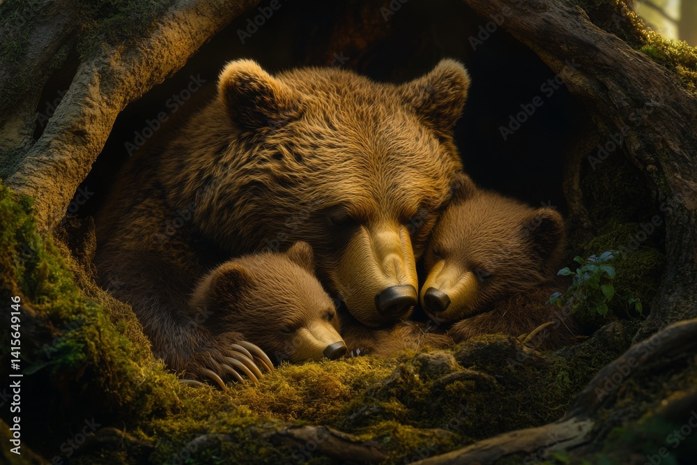A serene scene depicting a mother bear with her three cubs nestled together in a cozy den. The warm light highlights their soft fur and peaceful expressions. Nature captures the essence of family. AI
