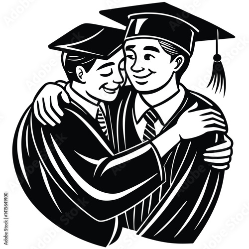 Two Happy Graduates Embracing in Graduation Caps and Gowns