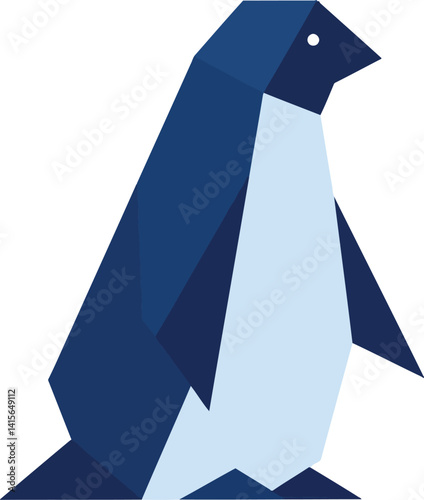 Minimal geometric penguin standing side view with navy and light blue colors flat vector illustration