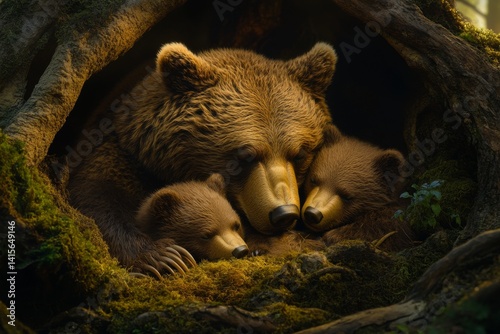 Obraz na płótnie A serene scene depicting a mother bear with her three cubs nestled together in a cozy den. The warm light highlights their soft fur and peaceful expressions. Nature captures the essence of family. AI w salonie
