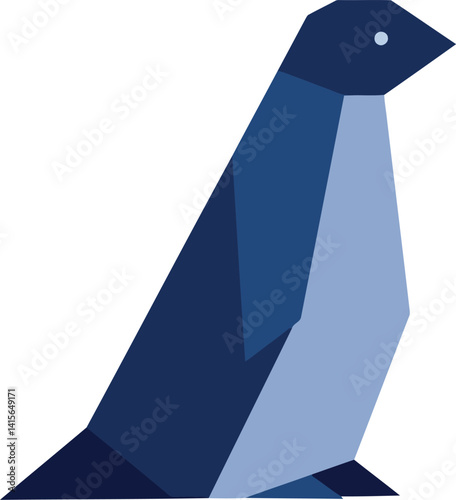 Minimal geometric penguin sitting calmly with dark blue and light blue shapes flat style vector art