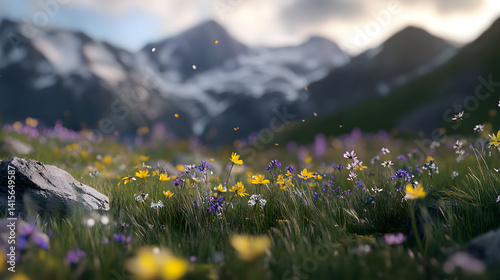 Fototapeta Naklejka Na Ścianę i Meble -  A rocky mountain backdrop with wildflowers and grasses swaying in the wind.