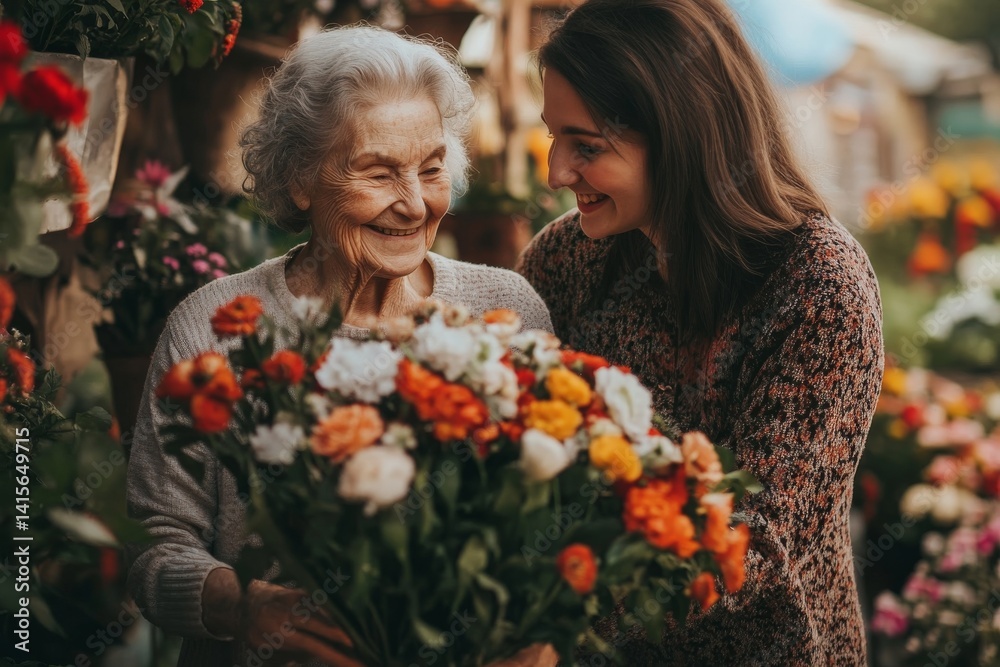 A joyful moment shared between generations. Two women smile at each other in a flower market. The vibrant colors of the blooms enhance the warmth of their connection and love. AI