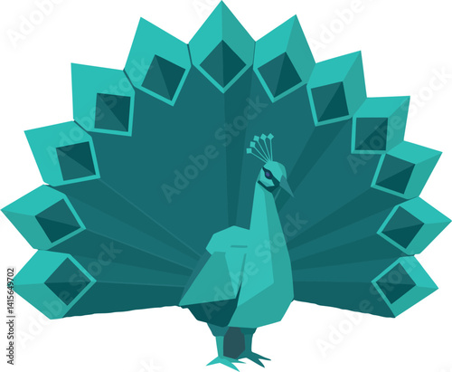 Peacock with spread fan tail geometric shapes in flat teal tones vector illustration