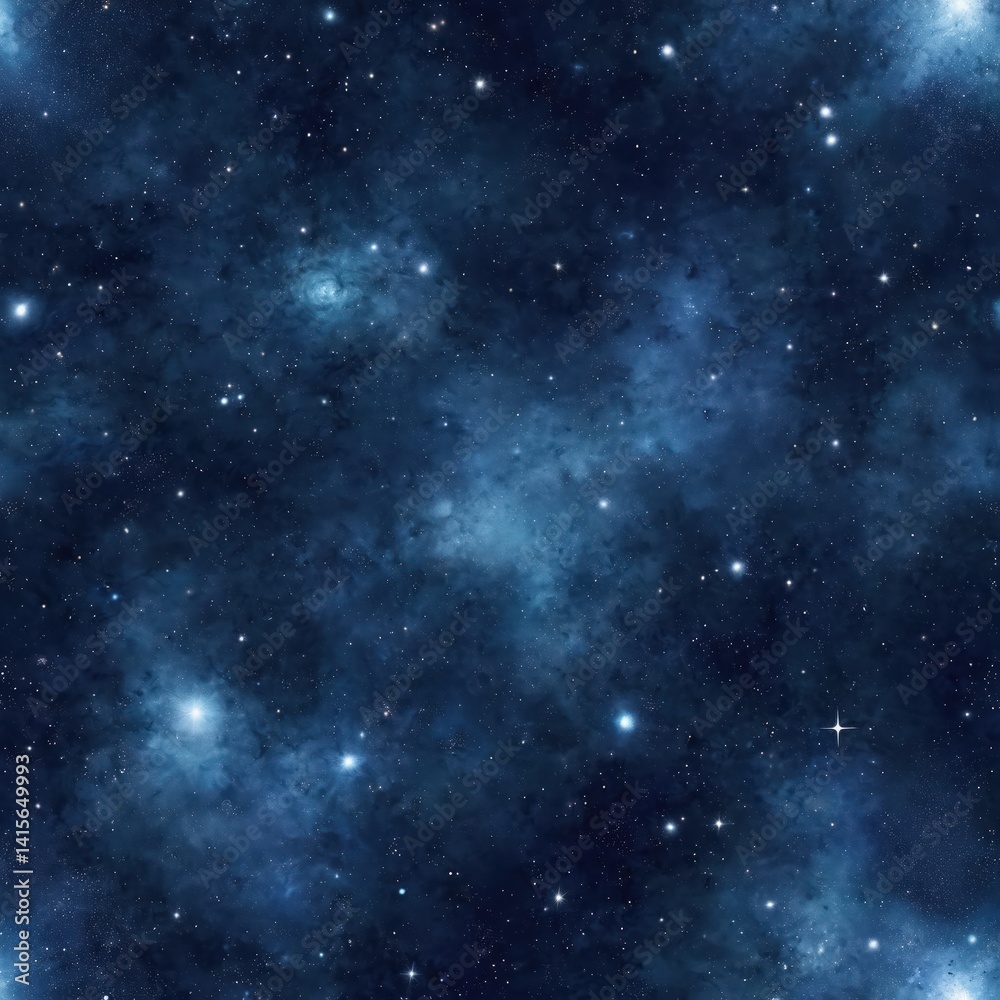 Fototapeta premium Seamless illustration background with twinkling stars, distant galaxies. Dark space expanse, capturing beauty, mystery of cosmos. Ideal for science projects, tech, design, space exploration.