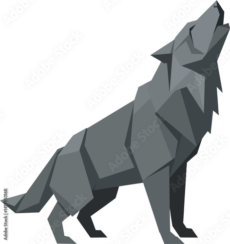 Grey howling wolf in low poly geometric style standing alert minimal flat vector art