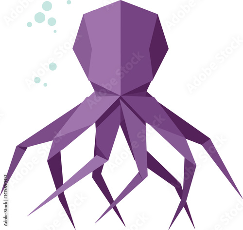 Purple low poly octopus with bubbles underwater in flat minimal style vector illustration