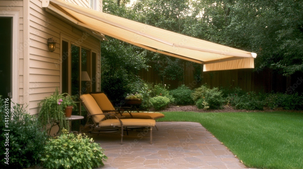 Backyard Patio with Striped Awning and Lounge Chairs, Relaxation, OutdoorLiving