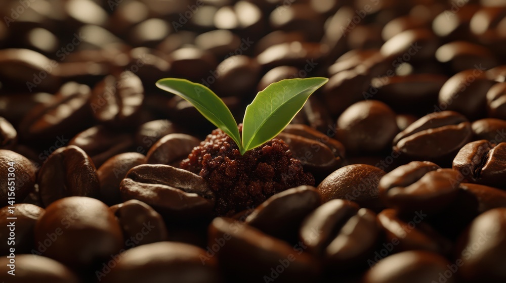 Obraz premium Coffee plant sprout amidst roasted beans, growth, agriculture