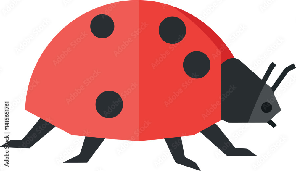 Fototapeta premium Ladybug insect with red shell and black spots in flat minimal design walking vector illustration