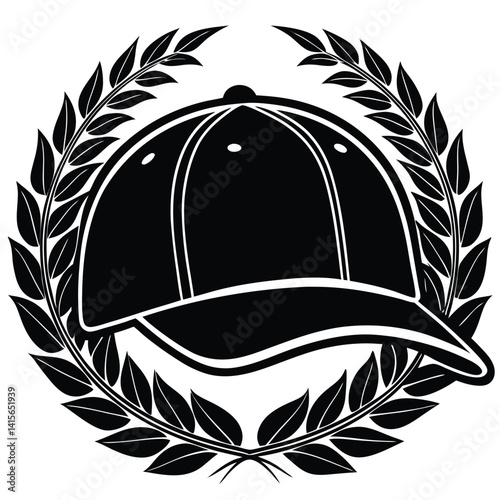 Black and White Baseball Cap with Laurel Wreath Emblem