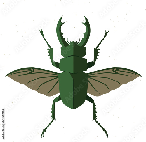 Green stag beetle with spread wings detailed flat design insect vector illustration