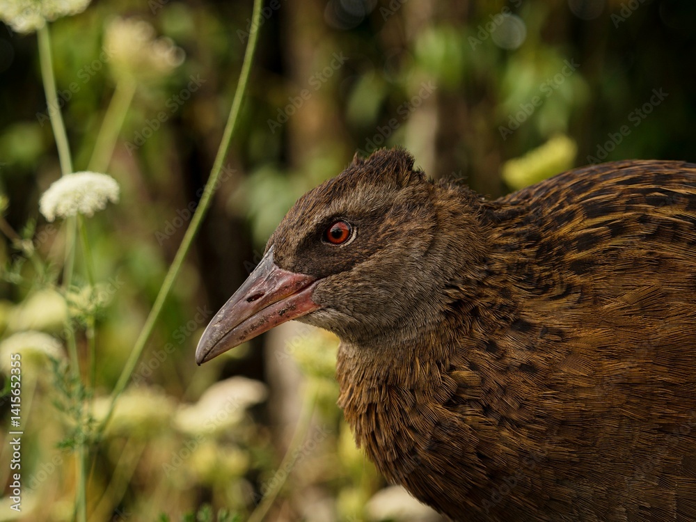 Obraz premium Closeup detailed headshot portrait of a Weka bird Maori hen woodhen rail Gallirallus australis flightless bird endemic to New Zealand with long beak