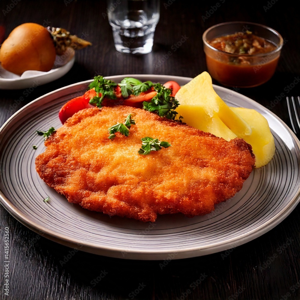 Breaded cutlet served with french fries, salad on a plate, creating a delicious and visually appealing meal Breaded cutlet served with french fries, salad on a plate, creating a delicious and visually appealing meal