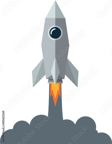 Gray rocket ship launching with orange flame and smoke clouds in flat minimalist vector illustration