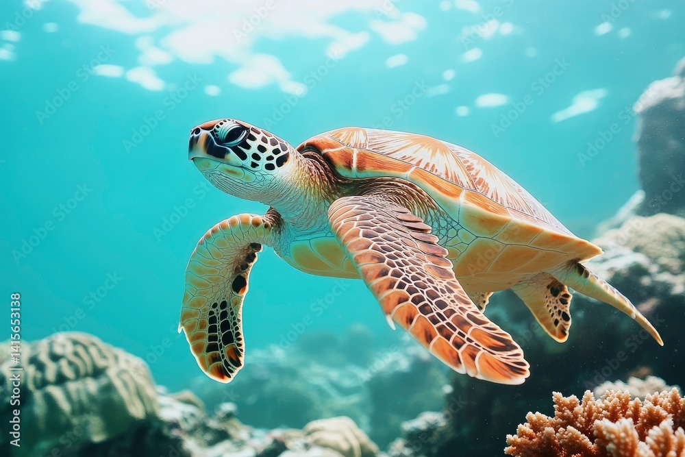 Obraz premium A graceful sea turtle gliding through clear turquoise waters, surrounded by vibrant coral reefs