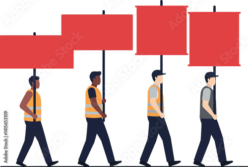 Group of diverse workers holding red blank protest signs walking in flat style vector illustration