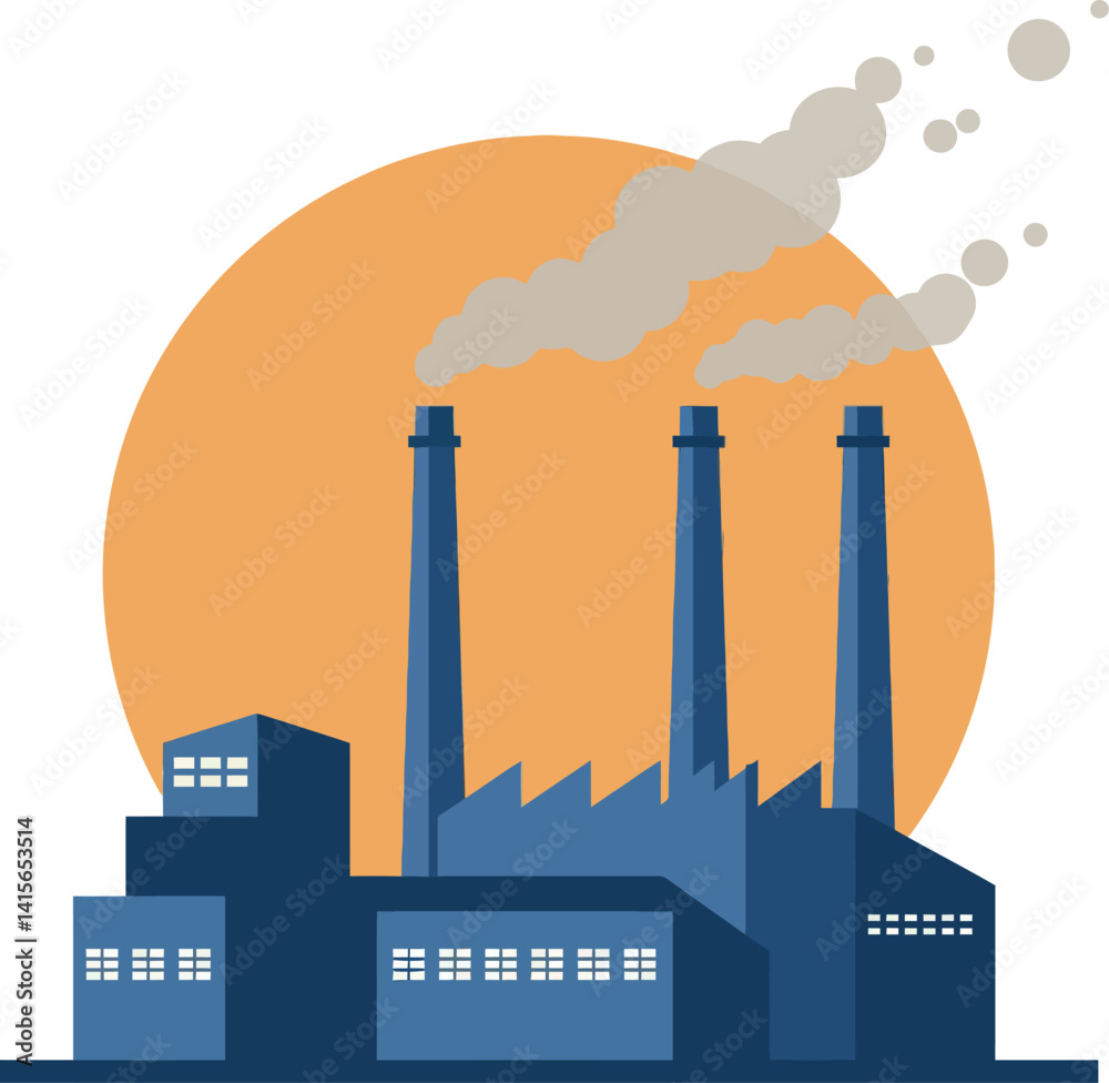 Industrial factory with three chimneys emitting smoke flat design silhouette against orange sun vector art