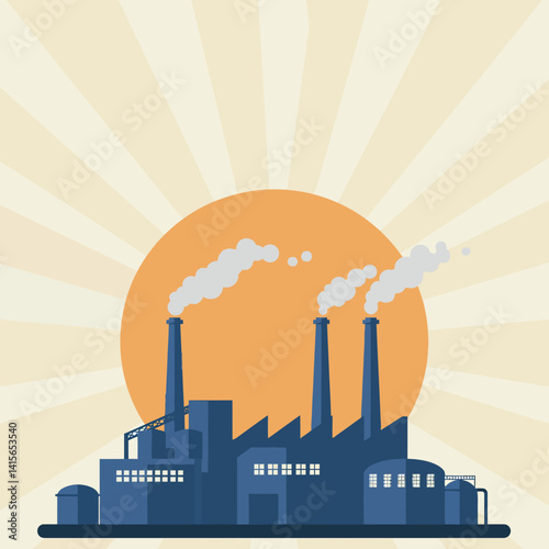 Industrial factory building with smokestacks emitting smoke flat design vector art