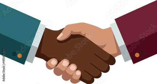 Diverse business handshake between two men in formal suits flat design vector illustration