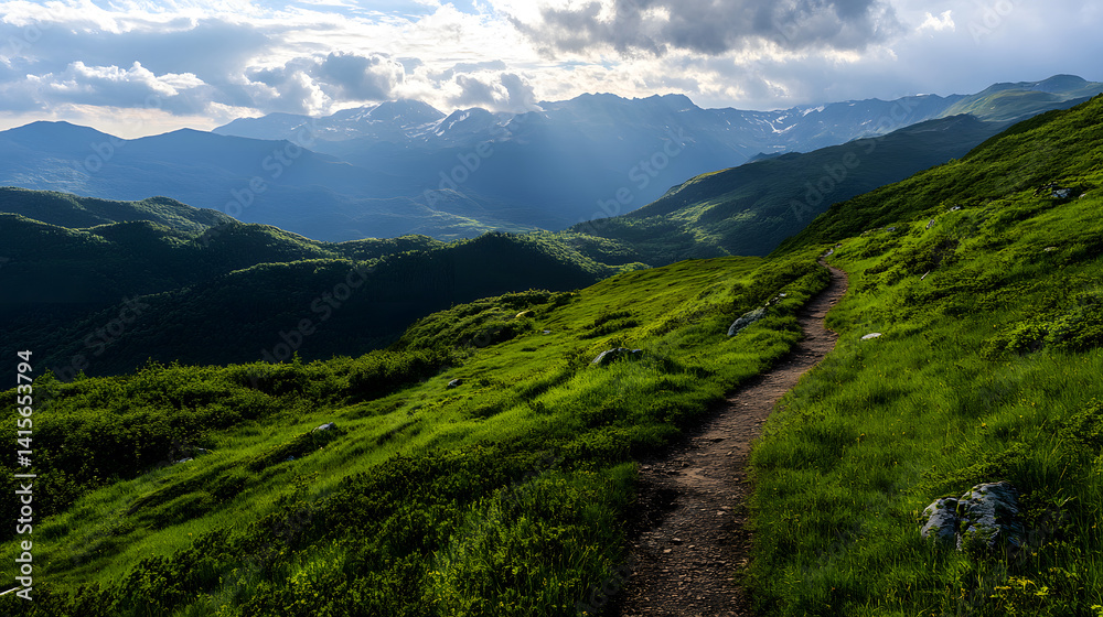 Fototapeta premium A scenic hiking trail winding through green alpine slopes, leading to a panoramic viewpoint.