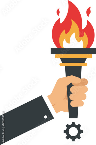 Businessman hand holding burning torch with gear symbol flat design vector illustration