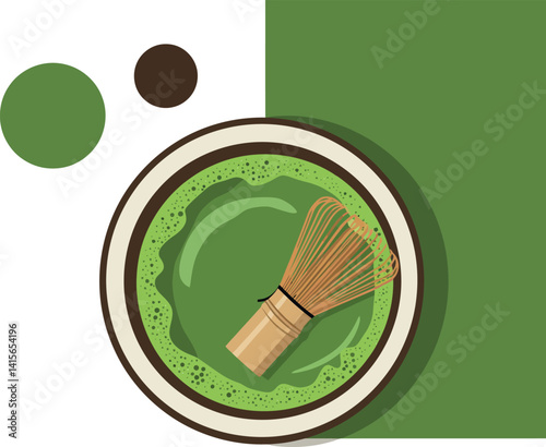 Green matcha tea with bamboo whisk and foam in top view flat design vector art