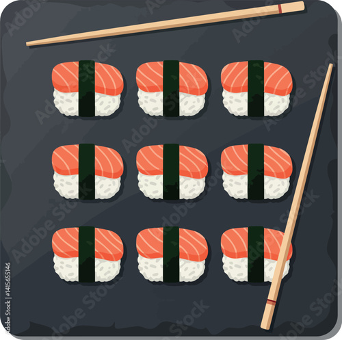 Salmon nigiri sushi pieces arranged on black plate with wooden chopsticks flat style vector illustration