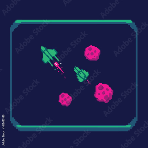 Two green pixel art spaceships flying around pink asteroids in dark blue space flat vector illustration