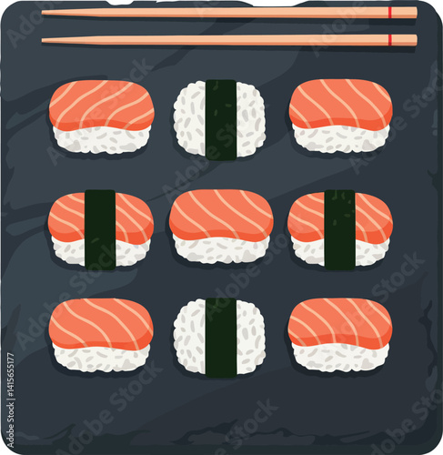 Sushi platter with salmon and seaweed rolls flat design Japanese food vector art